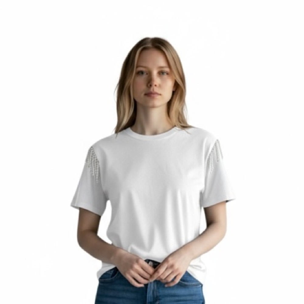Joie Boxy beaded coastal core, cottage core short sleeve T-Shirt